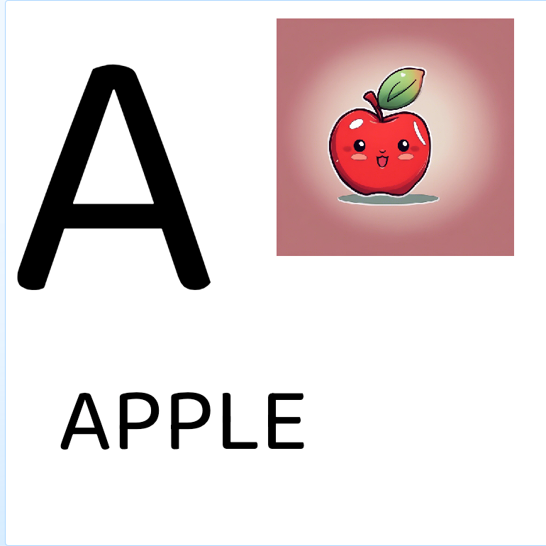 A flashcard with the uppercase letter A and a cartoon illustration of an apple