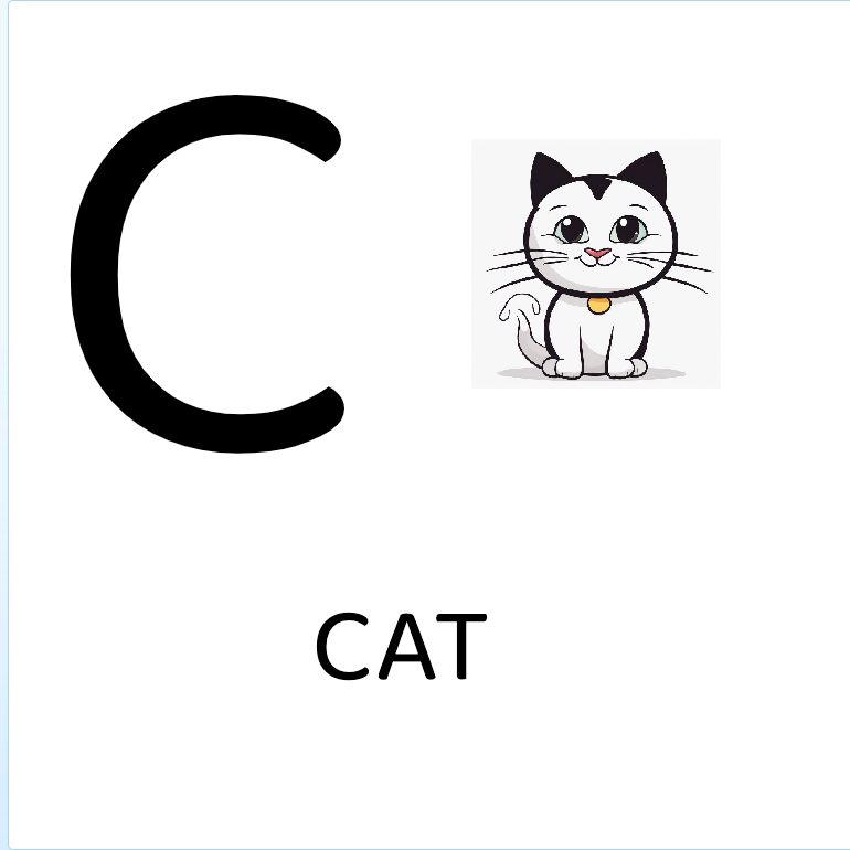 A flashcard with the uppercase letter C and a cartoon illustration of a cat